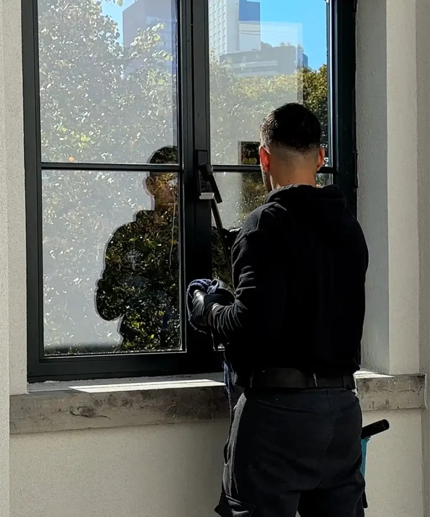 Professional window cleaning technician performing technical maintenance in Toronto.