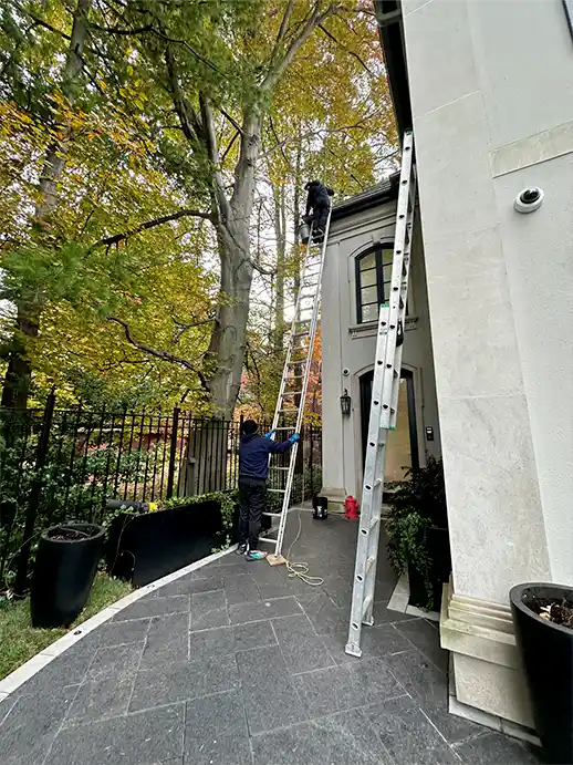 Ariel, founder of South Hill Window Cleaners, performing professional gutter cleaning and manual debris removal on a residential roof in Toronto.